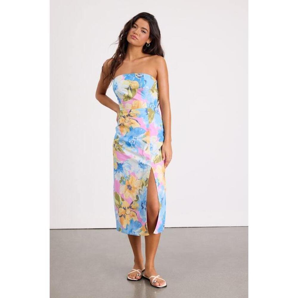 Lulus Bold Tendencies Light Pink Floral Strapless Cutout Midi Dress - Size M